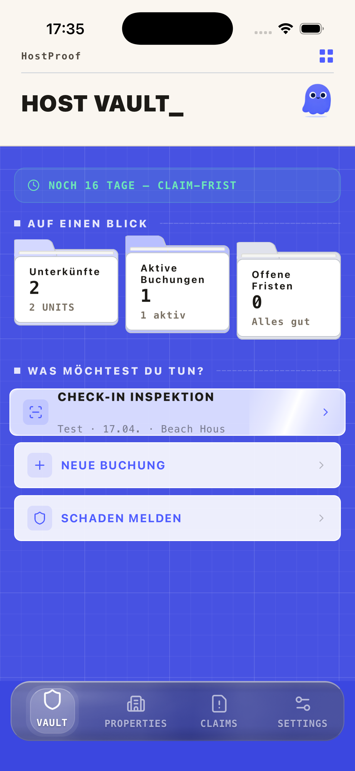 HostProof app dashboard with a live 14-day claim filing countdown and evidence vault
